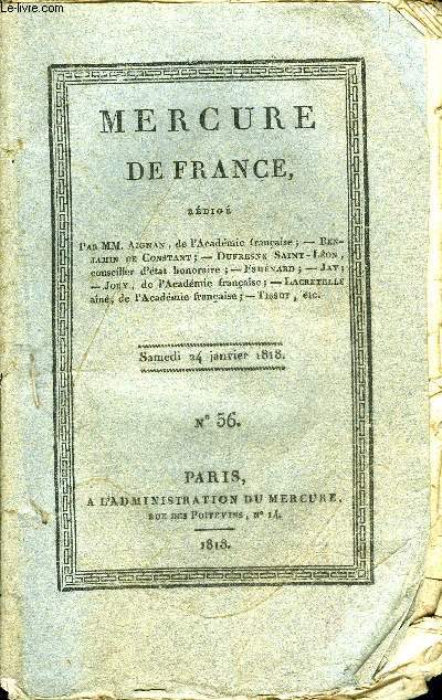 MERCURE DE FRANCE N56 - Collection complte des ouvrages politiques de Benjamin de constant, l'Ermite en province - Bien et mal, Annales dramatiques, Mercuriales, Politique