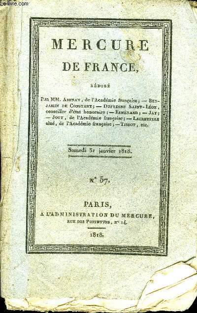 MERCURE DE FRANCE N°57 - Poésie - a Mlle Duchesnois, notre concitoyenne, Revue de brochures politiques, voyage dans l'Amérique espagnole par Al. de Humboldt et A. Bonpland, Mercure