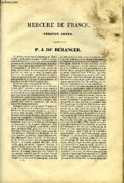 MERCURE DE FRANCE N°1 - P.J. de Béranger par Félix Davin, Révélations d'une v... - Afbeelding 1 van 1