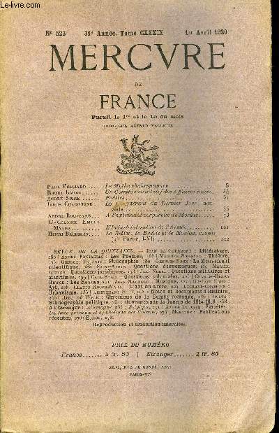 MERCURE DE FRANCE N 523 - TOME CXXXIX - Paul Vulliaud . Le Mythe shakespearien.Raoul Labry. Un Comit consultatif des Affaires russes.Andr Spire. Posies.. .. Louis Chadorne .. Le Conqurant du Dernier Jour, nouvelle .Andr Rouveyre.