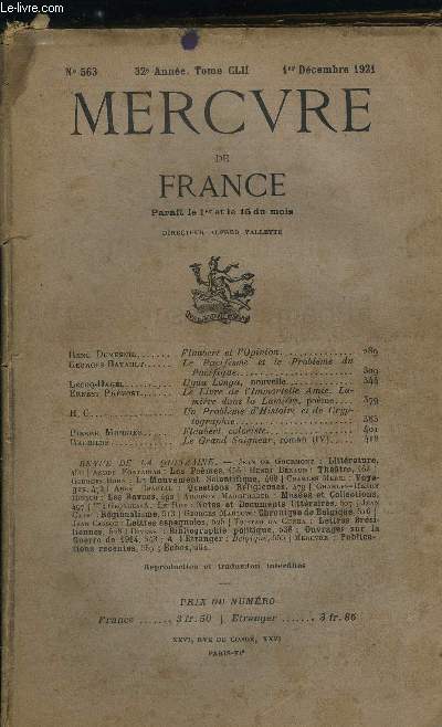 MERCURE DE FRANCE N 563 - TOME CLII - Flaubert et l'opinion par Ren Dumesnil, Le Pacifisme et le problme du Pacifique par Georges Batault, Ugua Longa par Lecoq-Hagel, Le livre de l'immortelle amie, lumire dans la lumire par Ernest Prvost