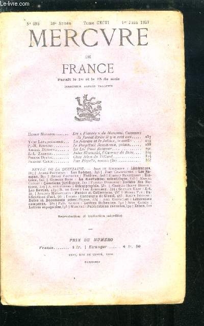 MERCURE DE FRANCE N 695 - Les fiancs de Manzoni, comment ils furent crits il y a cent ans par Henry Massoul, La joueuse et le jaloux par Yvon Lapaquellerie, Le perptuel renouveau par P.N. Roinard, La loi Paul Boncour par Amiral Degouy, Jules Slowacki