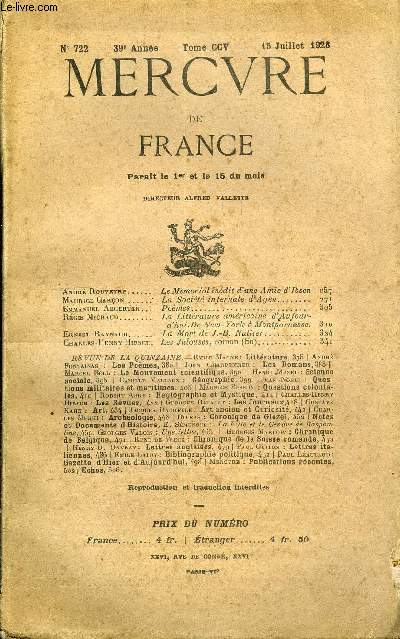 MERCURE DE FRANCE N 722 - TOME CCV - Andr Rouveyre. Le Mmorial indit d'une Amie d'Ibsen.Maurice Garon. La Socit infernale d'Agen. Emmanuel Aegerter. Pomes.Rgis Michud. La Littrature amricaine d'Aujourd'hui.De New-York