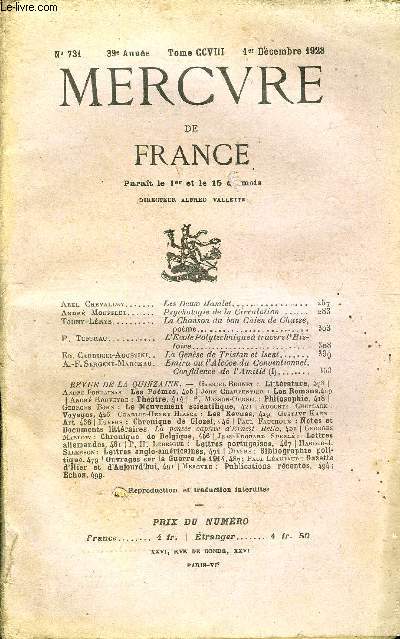 MERCURE DE FRANCE N 731 - TOME CCVIII - Abel Ghevalley. Les Deux Hamlet..Andr Moufflet. Psychologie de la Circulation.Touny-Lrys. La Chanson du bon Chien de Chasse, pome.P. Tuffrau. L'Ecole Polytechnique,  travers L'Histoire..