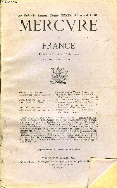 MERCURE DE FRANCE N 763 - TOME CCXIX - Georges Guy-Grand. Clmenceau ou L'Homme de Guerre. Marguerite-Yerta Mlera.. Nouveaux Documents autour de Rimbaud.Paul Lorenz. La Lutte avec l'Ange, poesies. Lieut.-Colonel Maillaid. L'Astrologie