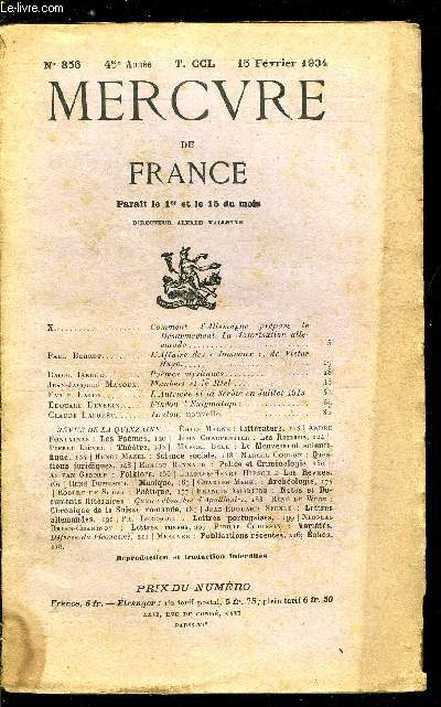 MERCURE DE FRANCE N 856 - TOME CCL - Comment l'Allemagne prpare le dsarmement, la motorisation allemande, L'affaire des jumeaux, de Victor Hugo par Paul Berret, Pomes mystiques par Raoul Boggio, Flaubert et le Rel par Jean Jacques Mayoux, L'Autriche