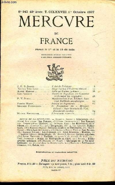 MERCURE DE FRANCE N 943 - TOME CCLXXVIII - J. E. S. Jeans. L'Art de Peinture..Nguyn Tien Lang. Deux Contes d Extrme-Orient. .Andr Marcou. Celle qu'il aime, pomes..Lo Ferrero. Corts et Napolon, ou Comment se forment les Lgendes.