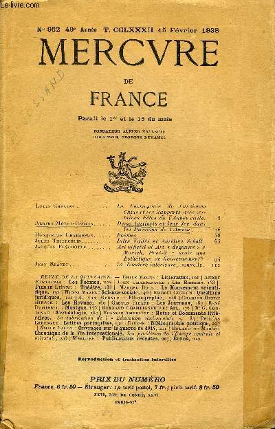 MERCURE DE FRANCE N 952 - TOME CCLXXXII - Louis Chochot. La Cosmogonie de l'ancienne Chine et ses Rapports avec certaines Ftes de l'Anne civile.Albert Morel-Bguin. Deux Instincts et leur Jeu dans les Passions de l'Amour..Henriette Charasson.