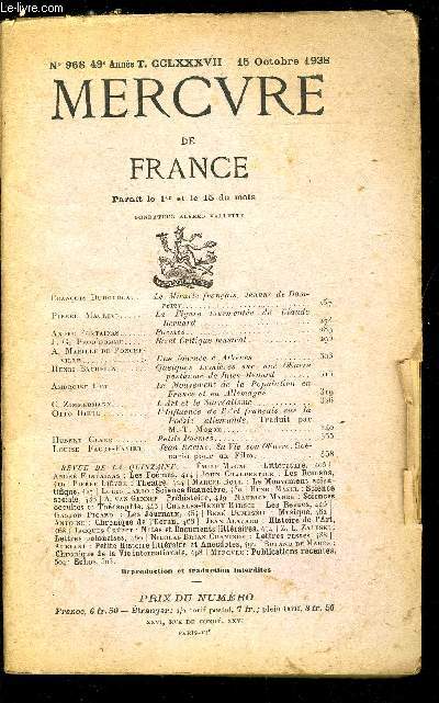 MERCURE DE FRANCE N 968 - TOME CCLXXXVII - Le miracle franais, Jeanne de Domrmy par Franois Duhourcau, La figure tourmente de Claude Bernard par Pierre Mauriac, Pomes par Andr Fontainas, Bizet et critique musical par J.G. Prod'homme, Une journe