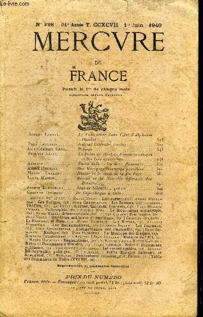 MERCURE DE FRANCE N 998 - TOME CCXCVII - Robert Launay. La Caricature dans l'Art d'Alphonse Daudet..Paul Lautaud. Journal littraire (suite)Guy Charles Cros. Pomes.Suzanne Labin.. La Peine de Mort en Russie sovitique