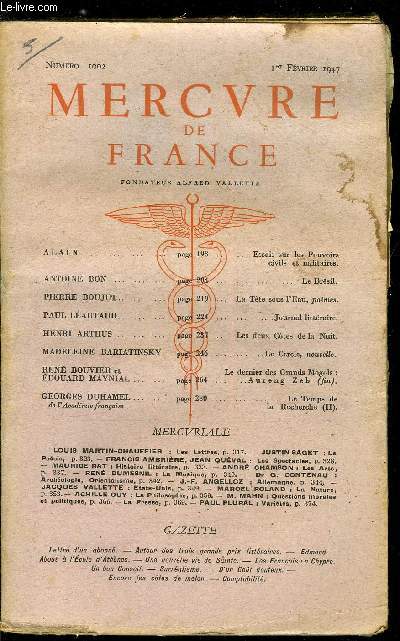 MERCURE DE FRANCE N 1002 - Essais sur les pouvoirs civils et militaires par Alain, Le Brsil par Antoine Bon, La tte sous l'eau par Pierre Boujut, Journal littraire par Paul Lautaud, Les deux cots de la nuit par Henri Arthus, Le cercle par Madeleine