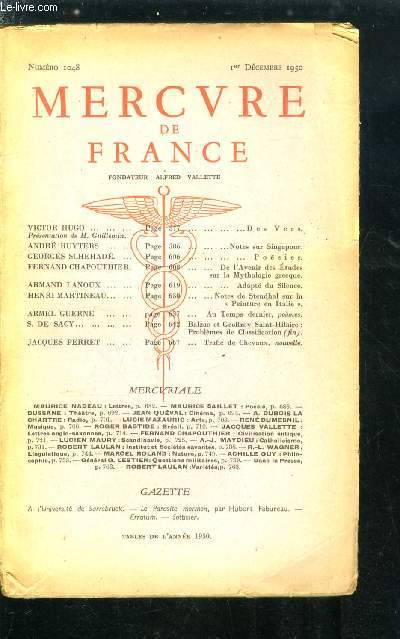 MERCURE DE FRANCE N 1048 - Des vers par Victor Hugo, Notes sur Singapour par Andr Ruyters, Posies par Georges Schehad, De l'avenir des tudes sur la mythologie grecque par Fernand Chapouthier, Adapt du silence par Armand Lanoux, Notes de Stendhal