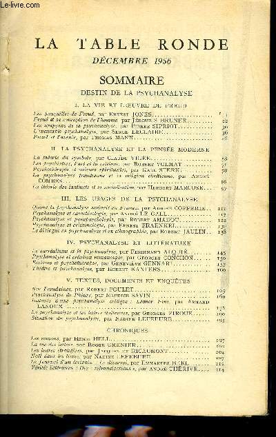 LA TABLE RONDE N 108 - DESTIN DE LA PSYCHANALYSEI. LA VIE ET L'OUVRE DE FREUDLes fianailles de Freud, par Ernest JONES.Freud et sa conception de l'homme, par Jrme S. BRUNER.Les soupons de la psychanalyse, par Pierre SIPRIOT