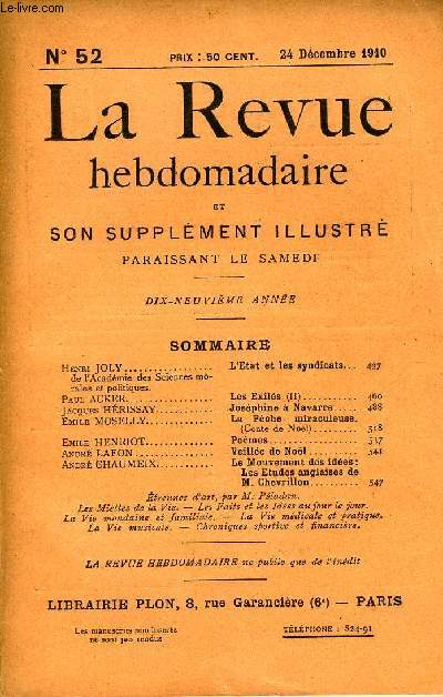 LA REVUE HEBDOMADAIRE ET SON SUPPLEMENT ILLUSTRE L'INSTANTANE TOME XII N52 - Henri JOLY de l'Acadmie des Sciences morales et politiques. L'Etat et les syndicats...Paul ACKER.. Les Exils (II).Jacques HRISSAY. Josphine  Navarre.