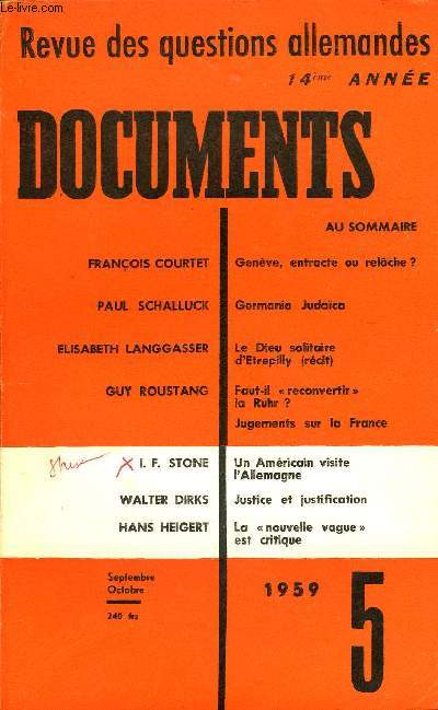 DOCUMENTS - REVUE DES QUESTIONS ALLEMANDES 14e ANNEE N5 - FRANOIS COURTET : Genve, entracte ou relche ?PAUL SCHALLUCK : Germcroa Judaico. ELISABETH LANGGASSER : Le Dieu solitaire d'Etreplly (rcit). GUY ROUSTANG