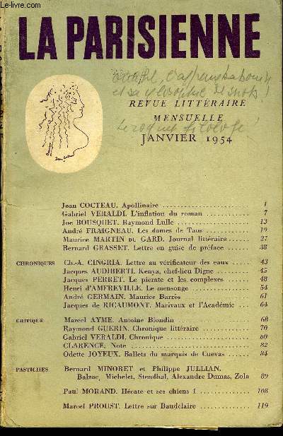 LA PARISIENNE N 13 - Jean COCTEAU. Apollinaire. Gabriel VERALDI. L'inflation du roman .Joe BOUSQUET. Raymond Lulle. Andr FRAIGNEAU. Les dames de Taos. Maurice MARTIN du GARD. Journal littraire..Bernard GRASSET.