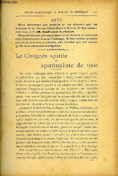 REVUE SCIENTIFIQUE ET MORALE DU SPIRITISME 5e ANNEE N5 - Avis. - Le Congrs spirite et spiritualiste de19OO.. Gabriel Delanne.Un cas de Ddoublement. Major PheimDe Profundis ! Marius Decrespe..Phnomnes psychiques C.BROQUET et Dr DUSART