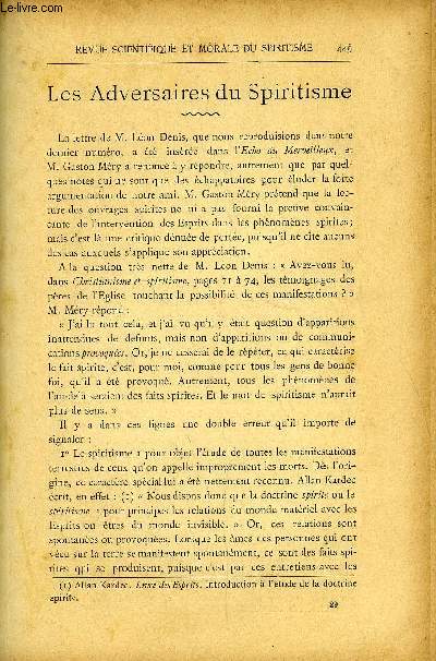 REVUE SCIENTIFIQUE ET MORALE DU SPIRITISME 5e ANNEE N8 - Les adversaires du spiritisme.. Gabriel Delanne. L'Identit des esprits. Dr Dusart. Psychologie.. Finnin Ngre. Encore une conqute. Rufina Noeggerath. Des Indes  la plante Mars.