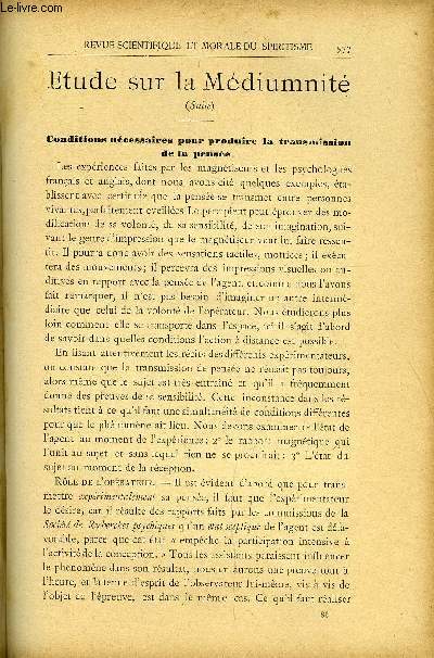 REVUE SCIENTIFIQUE ET MORALE DU SPIRITISME 6e ANNEE N10 - Etudes sur la Mdiumnit.. Gabriel Delanne.Conseils de l'Au-del. Gt A.Psychologie Exprimentale. Dr Paul GibierLa Mdiumnit gurissante .. Andr Pezzani