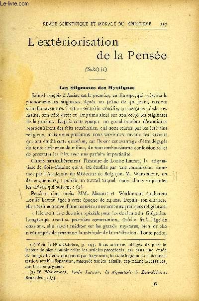 REVUE SCIENTIFIQUE ET MORALE DU SPIRITISME 9e ANNEE N5 - L'extriorisation de la pense (suite). G. Delanne.Les deux Psychismes. Docteur Gelay ,Les matrialisations de la Villa Carmen (suite)Carmencita Nol.,Dans l'invisible, spiritisme