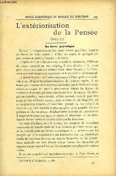 REVUE SCIENTIFIQUE ET MORALE DU SPIRITISME 9e ANNEE N8 - L'extriorisation de la Pense (suite).. Gabriel Dilanne..La Vie Universelle et Eternelle. C. Flammarion. Encore les phnomnes remarquables en Australie Dr Dusart. ..Les tudes