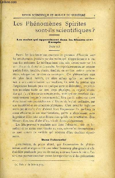 REVUE SCIENTIFIQUE ET MORALE DU SPIRITISME 12e ANNEE N1 - Les Phnomnes Spiritus sont-ils scientifiques?. Gabriel DelanneDe la divinit de Jsus Christ. Henri TIVOLLIER.Les sances de la Villa Carmen et leurs critiques. J. Maxwel..