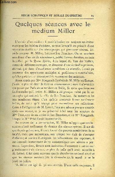 REVUE SCIENTIFIQUE ET MORALE DU SPIRITISME 12e ANNEE N2 - Quelques sances avec le mdium Miller. Gabriel DELANNE,Entretiens Philosophiques. B. Cartier de St-RenLes Sances de la Villa Carmen et leurs critiques J. Maxwell..