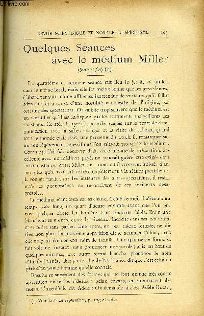 REVUE SCIENTIFIQUE ET MORALE DU SPIRITISME 12e ANNEE N4 - Quelques sances avec le mdium Miler. Gabriel DELANNE.Nos Origines. A.BECKERLes Sances de la Villa Carmen et leurs critiques.. J. Maxwell.De l'emmagasinement de la force nerveuse