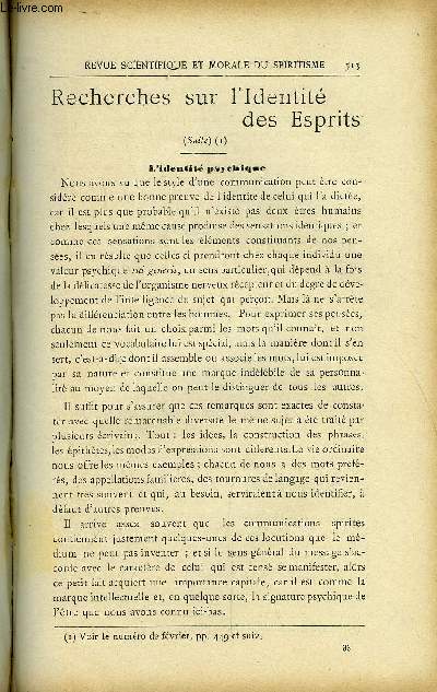 REVUE SCIENTIFIQUE ET MORALE DU SPIRITISME 14e ANNEE N9 - Recherches sur l'identit des Esprits. GABRIEL DELANNE. Une adresse d'Olivier Lodge. Dr DUSART..Une heureuse initiative VAUCHEZ..Nouvelles expriences avec Eusapia Paladino G.. Delanne