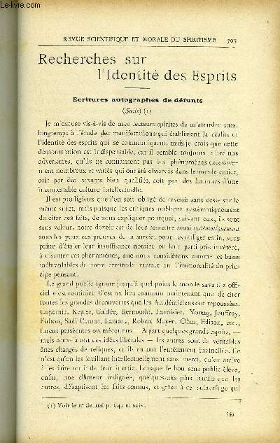 REVUE SCIENTIFIQUE ET MORALE DU SPIRITISME 14e ANNEE N12 - Recherches sur l'Identit des Esprits. Gabriel Delanne..Le prix institu pour la dmonstration desactions  distance..De Roches-Carl-du-Prel.Sances d'Eusapia  la Socit franaise