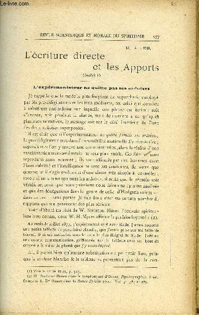 REVUE SCIENTIFIQUE ET MORALE DU SPIRITISME 14e ANNEE N10 - L'Ecriture directe et les Apports.. G. Delanne..Le psychisme en Italie. V. G***. Mon premier rapport sur l'exploitation del'autre monde W. T. Stead..La Kabbale.. I. Leblond .