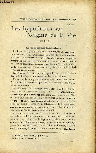 REVUE SCIENTIFIQUE ET MORALE DU SPIRITISME 15e ANNEE N11 - Les hypothses sur l'origine de la vie .. Gabriel DELANNEReligions et Christianisme. Gnral Nol Restons Spirites !! L. Chevreuil..Les Dcouvertes du Dr J. Ochorowicz.. BEAUDELOT..