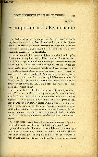 REVUE SCIENTIFIQUE ET MORALE DU SPIRITISME 16e ANNEE N4 - A propos de. Miss Beauchamp. L. CHEVREUIL. Les enfants prodiges et la rincarnation.. J. SOLAM.De la fraude dans la production des phnomnes mdiumniques. Ch. LANCELIN