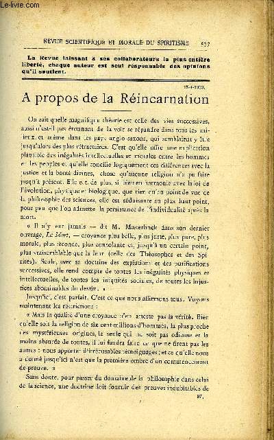 REVUE SCIENTIFIQUE ET MORALE DU SPIRITISME 17e ANNEE N10 - A propos de la Rincarnation. Gabriel Delanne.Un nouvel exploit du Magntisme. Louis AUDAIS .La Mort.. L. CHEVREUIL. Les nouvelles tendances scientifiques. A. BECKER.La Baguette