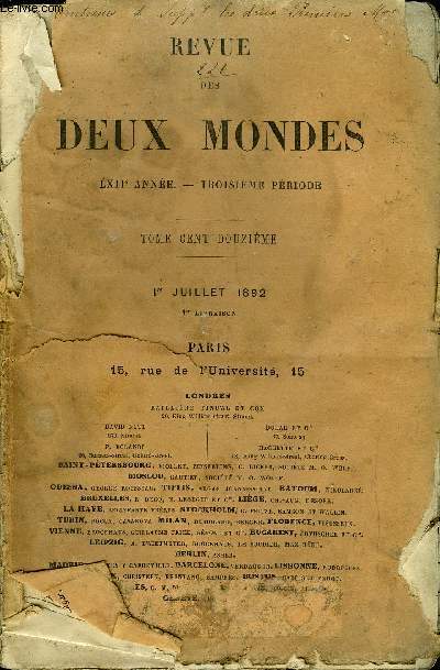 REVUE DES DEUX MONDES LXIIe ANNEE N4 - I. - LA RECONSTRUCTION DE LA FRANCE EN 1800. - L'COLE.- L'INSTRUCTION PUBLIQUE DEPUIS 1815, quatrime partie, par M. H. Taine, de l'Acadmie franaise.II.- BOURGEOIS D'AUTREFOIS. - LA FAMILLE GOETHE