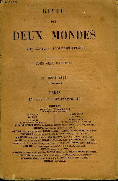 REVUE DES DEUX MONDES LXIIIe ANNEE N2 - I.- LES JUIFS SOUS LA. DOMINATION GRECQUE, par M. ErnestRenan, de l'Acadmie franaise.II.- HONNEUR DE FEMME, deuxime partie, par M. AdolpheChenevire.III.- EN JUDE, premire partie