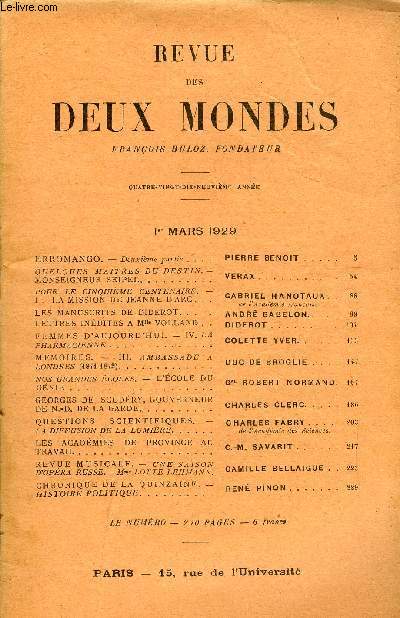 REVUE DES DEUX MONDES XCIXe ANNEE N1 - ERROMANGO. - Deuxime partie. PIERRE BENOIT..QUELQUES MAITRES DU DESTIN. - MONSEIGNEUR SEIPEL..VERAX.POUR LE CINQUIME CENTENAIRE. - II. LA MISSION DE JEANNE D'ARC. GABRIEL HANOTAUXde l'Acadmie franais