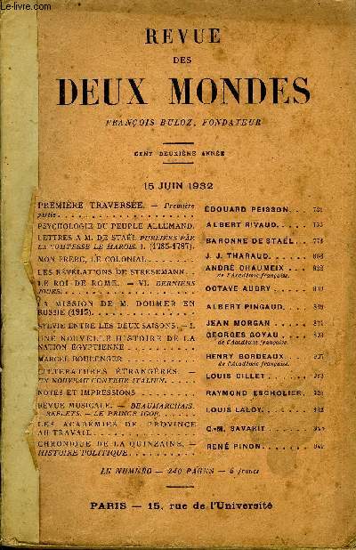 REVUE DES DEUX MONDES CIIe ANNEE N4 - PREMIRE TRAVERSE. - Premire partie. EDOUARD PEISSON. .PSYCHOLOGIE DU PEUPLE ALLEMAND. ALBERT RIVAUD..LETTRES A M. DE STAL PUBLIES PAR LA COMTESSE LE MAROIS. I. (1785-1787). BARONNE DE STAL MON FRRE