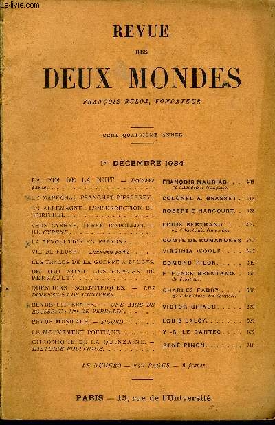 REVUE DES DEUX MONDES CIVe ANNEE N3 - LA FIN DE LA NUIT. - Troisime partie. FRANOIS MAURIAC. de l'Acadmie franaise.LE MARCHAL FRANCHET D'ESPREY.COLONEL A. GRASSET.EN ALLEMAGNE : L'INSURRECTION DU SPIRITUEL. ROBERT D'HARCOURT.