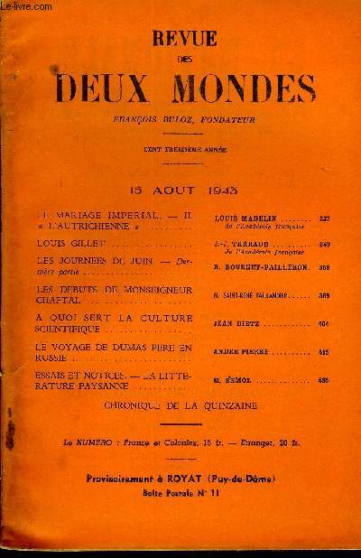 REVUE DES DEUX MONDES CXIIIe ANNEE N16 - LE MARIAGE IMPERIAL. - II.  L'AUTRICHIENNE . LOUIS MADELIN ....de l'Acadmie franaiseLOUIS GILLET .J-J. THARAUD .de l'Acadmie franaise. LES JOURNEES DE JUIN. - Dernire partie..R. BOURGET