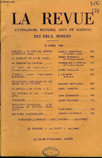 LA REVUE LITTERATURE, HISTOIRE, ARTS ET SCIENCES DES DEUX MONDES DEUXIEME ANNEE N8 - CARNETS. - II. FRANCE, RUSSIE, ALLEMAGNE (1895). GABRIEL HANOTAUX. de l'Acadmie franaise. LE MARIAGE DE SAINT LOUIS. HENRY BORDEAUX..de l'Acadmie franaise.