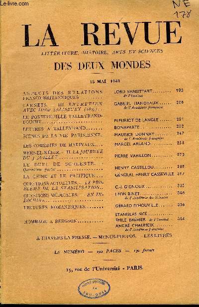 LA REVUE LITTERATURE, HISTOIRE, ARTS ET SCIENCES DES DEUX MONDES DEUXIEME ANNEE N10 - ASPECTS DES RELATIONS FRANCO-BRITANNIQUES. LORD VANSITTART. de l'Institut. CARNETS. - III. ENTRETIEN AVEC LORD SALISBURY (1897). GABRIEL HANOTAUX.