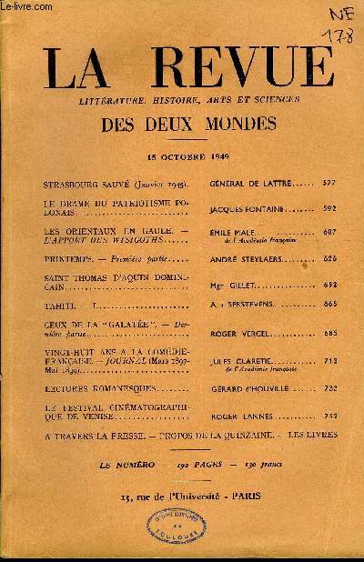 LA REVUE LITTERATURE, HISTOIRE, ARTS ET SCIENCES DES DEUX MONDES DEUXIEME ANNEE N20 - STRASBOURG SAUV (Janvier 1945). GNRAL DE LATTRE. LE DRAME DU PATRIOTISME POLONAIS.. JACQUES FONTAINE..LES ORIENTAUX EN GAULE.- L'APPORT DES WISIGOTHS.