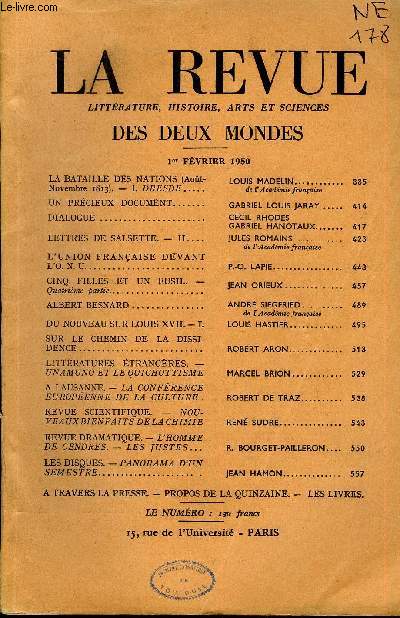 LA REVUE LITTERATURE, HISTOIRE, ARTS ET SCIENCES DES DEUX MONDES N3 - LA BATAILLE DES NATIONS (Aot-Novembre 1813). - L DRESDE. LOUIS MADELIN. de l'Acadmie franaise. UN PRCIEUX DOCUMENT. GABRIEL LOUIS JARAY..DIALOGUE. CECIL RHODES.