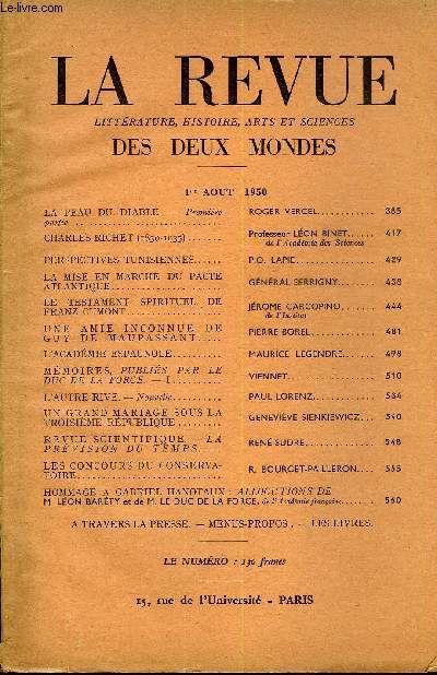 LA REVUE LITTERATURE, HISTOIRE, ARTS ET SCIENCES DES DEUX MONDES N15 - LA PEAU DU DIABLE. - Premire partie. ROGER VERCEL. CHARLES RICHET (1850-1935). PROFESSEUR LEON BINET. de l'academie des sciences. PERSPECTIVES TUNISIENNES. P.O. LAPIE.
