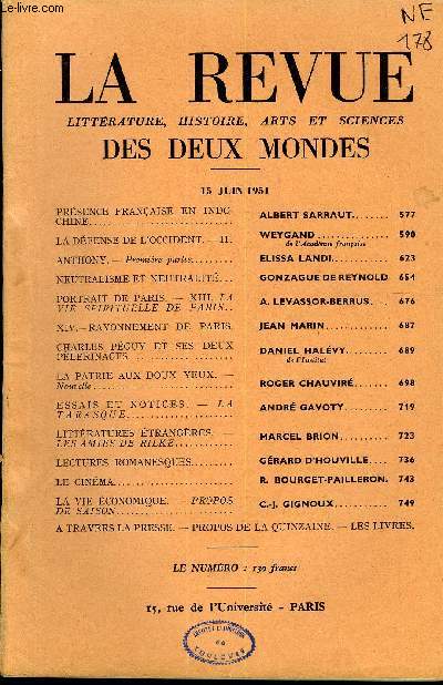 LA REVUE LITTERATURE, HISTOIRE, ARTS ET SCIENCES DES DEUX MONDES N12 - PRSENCE FRANAISE EN INDOCHINE. ALBERT SARRAUT..LA DFENSE DE L'OCCIDENT. - II. WEYGAND. de l'acadmie franaise.ANTHONY. - Premire partie. ELISSA LANDI. NEUTRALISME