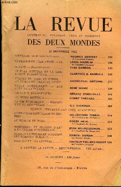 LA REVUE LITTERATURE, HISTOIRE, ARTS ET SCIENCES DES DEUX MONDES N22 - SOUVENIRS (Aot 1920-Aot 1921). MAURICE DONNAY. de l'Acadmie franaise. LE RETOUR DE L'ILE D'ELBE. - III. LOUIS MADELIN. de l'Acadmie franaise. OLYMPE