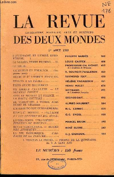 LA REVUE LITTERATURE, HISTOIRE, ARTS ET SCIENCES DES DEUX MONDES N15 - L'ALLEMAGNE ET L'UNIT EUROPENNE. - I.PHILIPPE BARRS. LE SAHARA, TERRE PROMISE. - II.LOUIS CASTEX .LE SUCRE. PROFESSEUR CH. RICHET.de l'Acadmie de Mdecine.