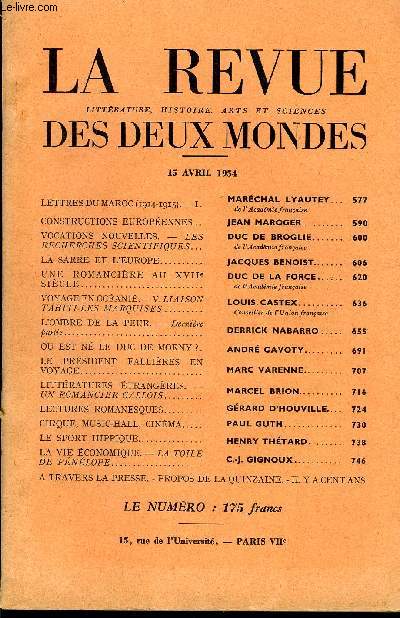 LA REVUE LITTERATURE, HISTOIRE, ARTS ET SCIENCES DES DEUX MONDES N8 - LETTRES DU MAROC (1914-1915). - I. MARCHAL LYAUTEY. de l'Academie franaiseCONSTRUCTIONS EUROPENNES. JEAN MAROGER. VOCATIONS NOUVELLES. - LES RECHERCHES SCIENTIFIQUES