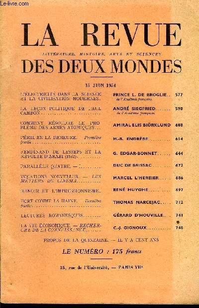 LA REVUE LITTERATURE, HISTOIRE, ARTS ET SCIENCES DES DEUX MONDES N12 - L'LECTRICIT DANS LA SCIENCE ET LA CIVILISATION MODERNES. PRINCE L. DE BROGLIE.. de l'Acadmie franaiseLA LEON POLITIQUE DE PAUL CAMBON. ANDR SIEGFRIED.